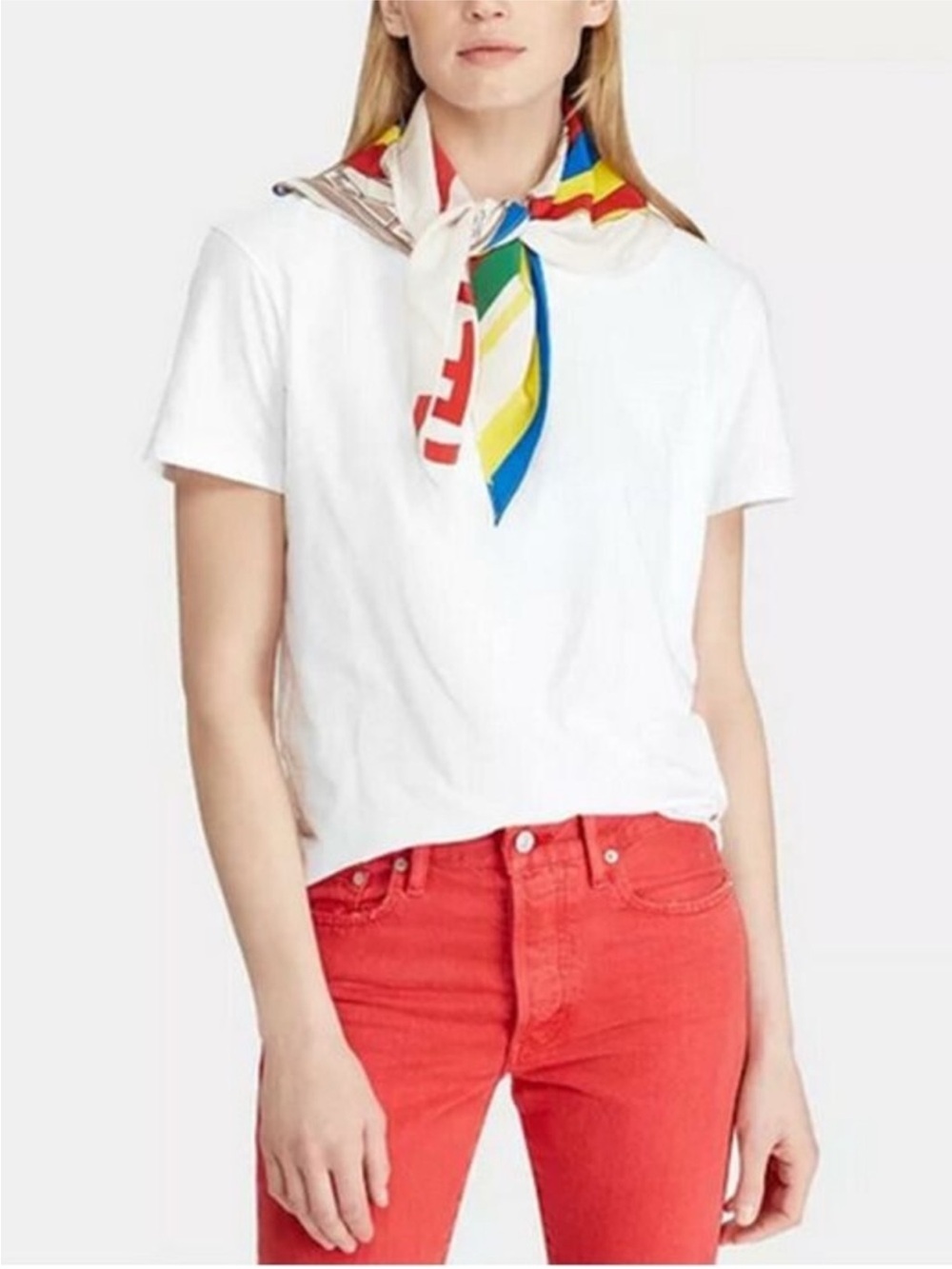 Polo by Ralph Lauren White Crewneck Tee with Multicolor Scarf Accent